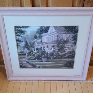 Framed Pastel Victorian House Print in Pink Frame. B BROWN